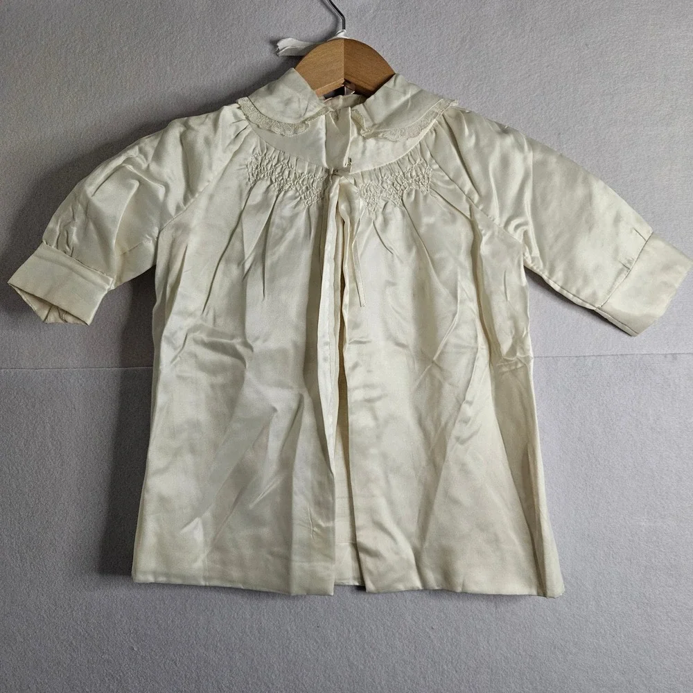 Vintage Ivory Satin Christening Gown Set Coat Bonnet Lace Smocked Baptism 6-9mos